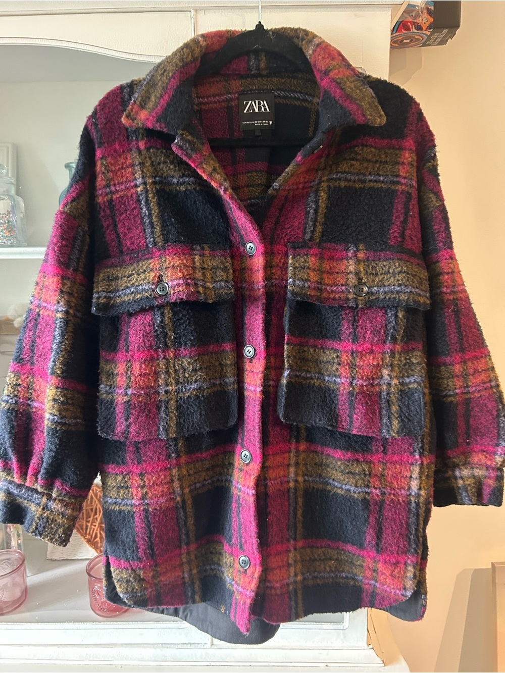 ZARA Pink, Black & Brown Plaid Utility Shacket